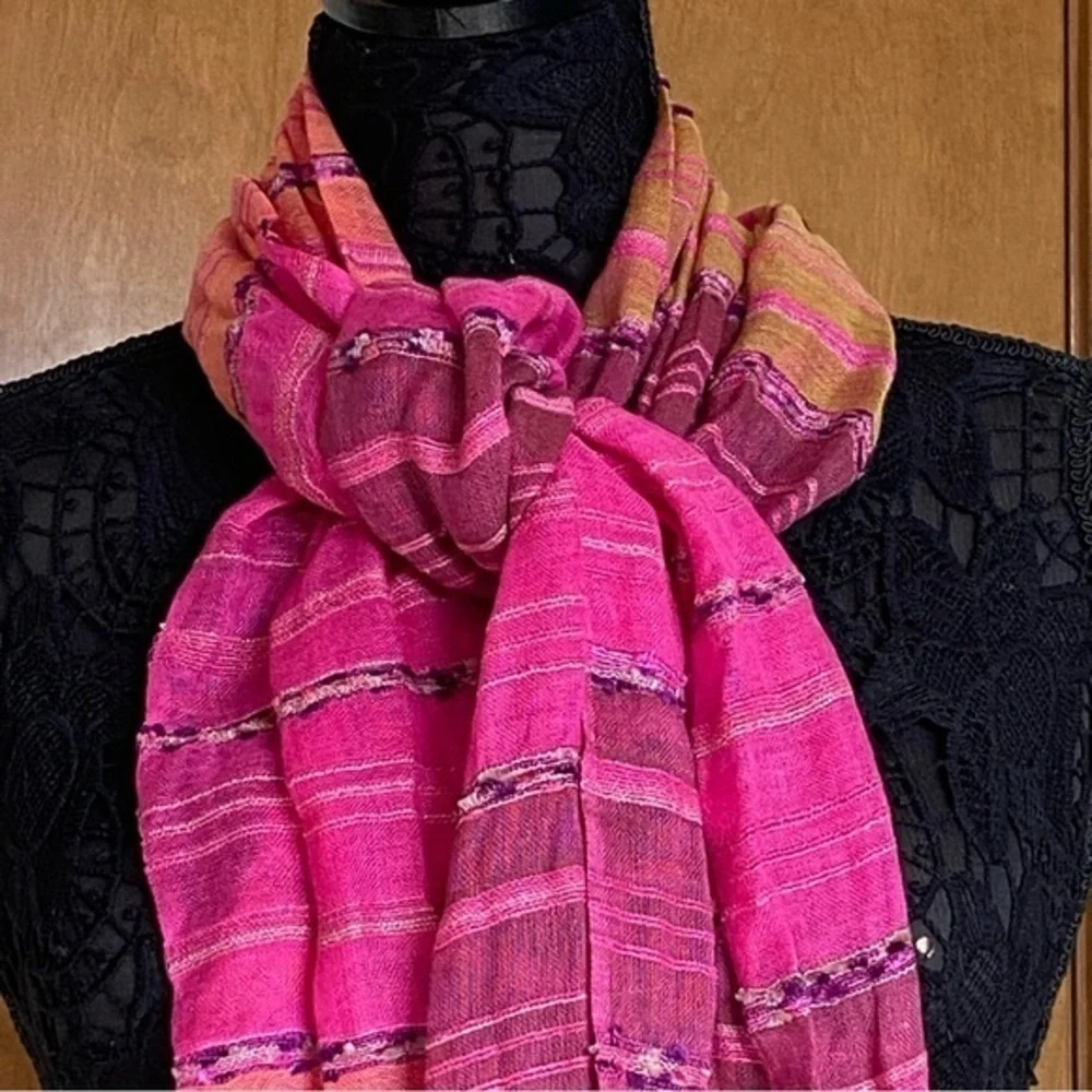 Macy’s neon magenta hot pink viscose fringed oblong skinny scarf wrap